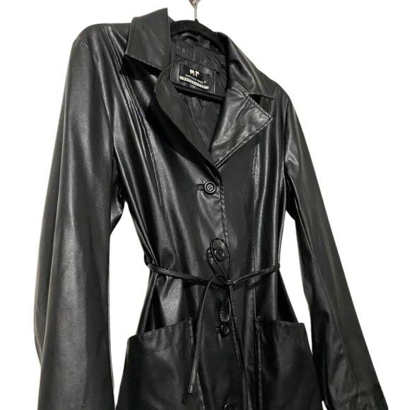 Marcelle Renee Classic Black Faux Leather Trench Coat Belted Jacket Medium M - Picture 3 of 14